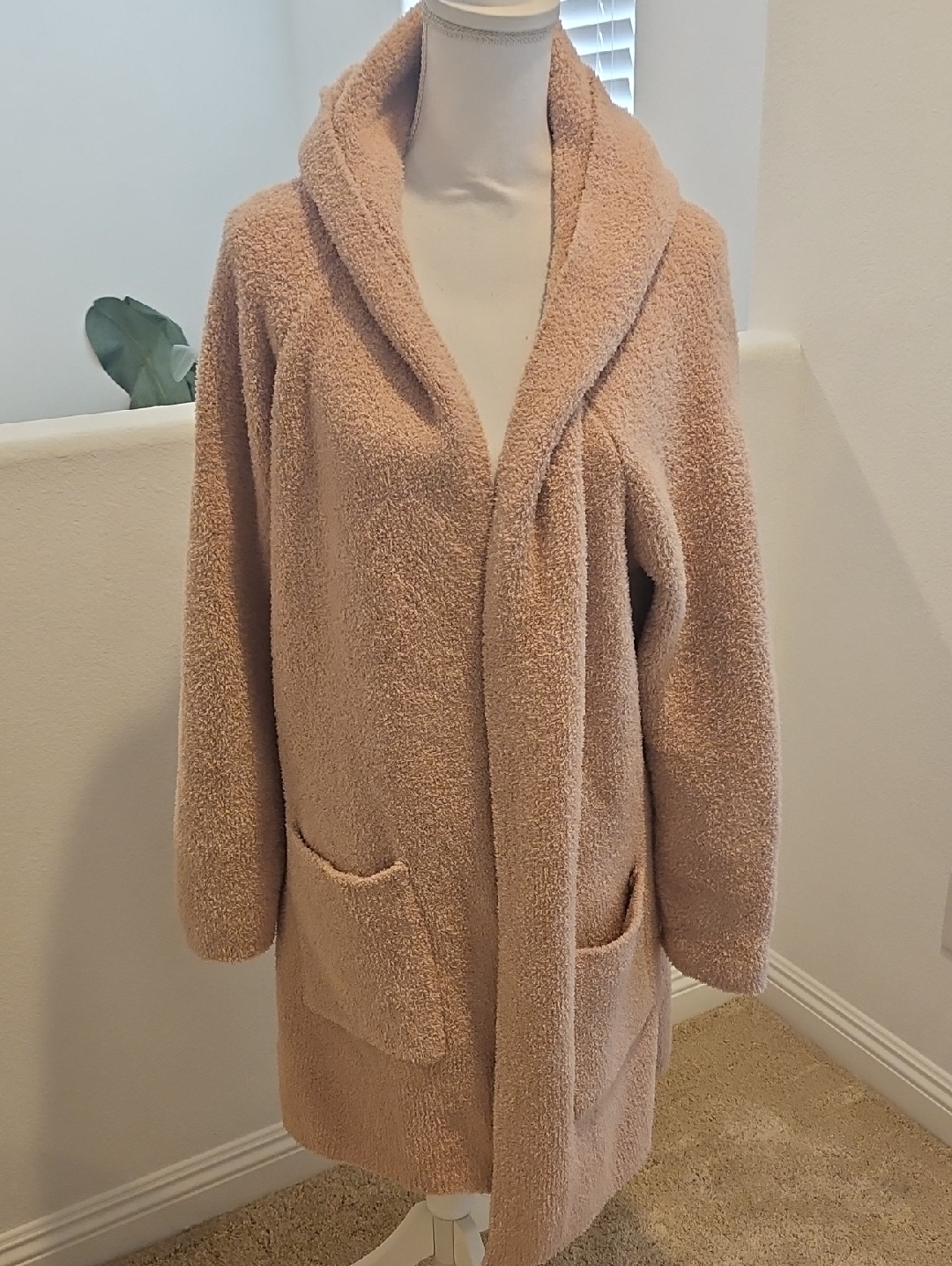 Barefoot Dreams Cozy Chic Blush Camel Open-Front Hooded Plush Sweater Sz L